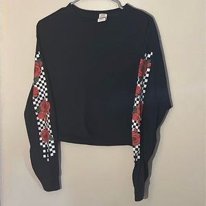 Long sleeve Black crop top with checkerboard and roses